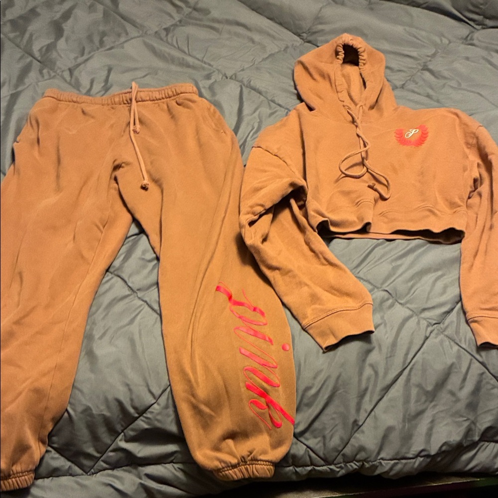 Pink Logo brown Cropped Hoodie and Joggers Set
